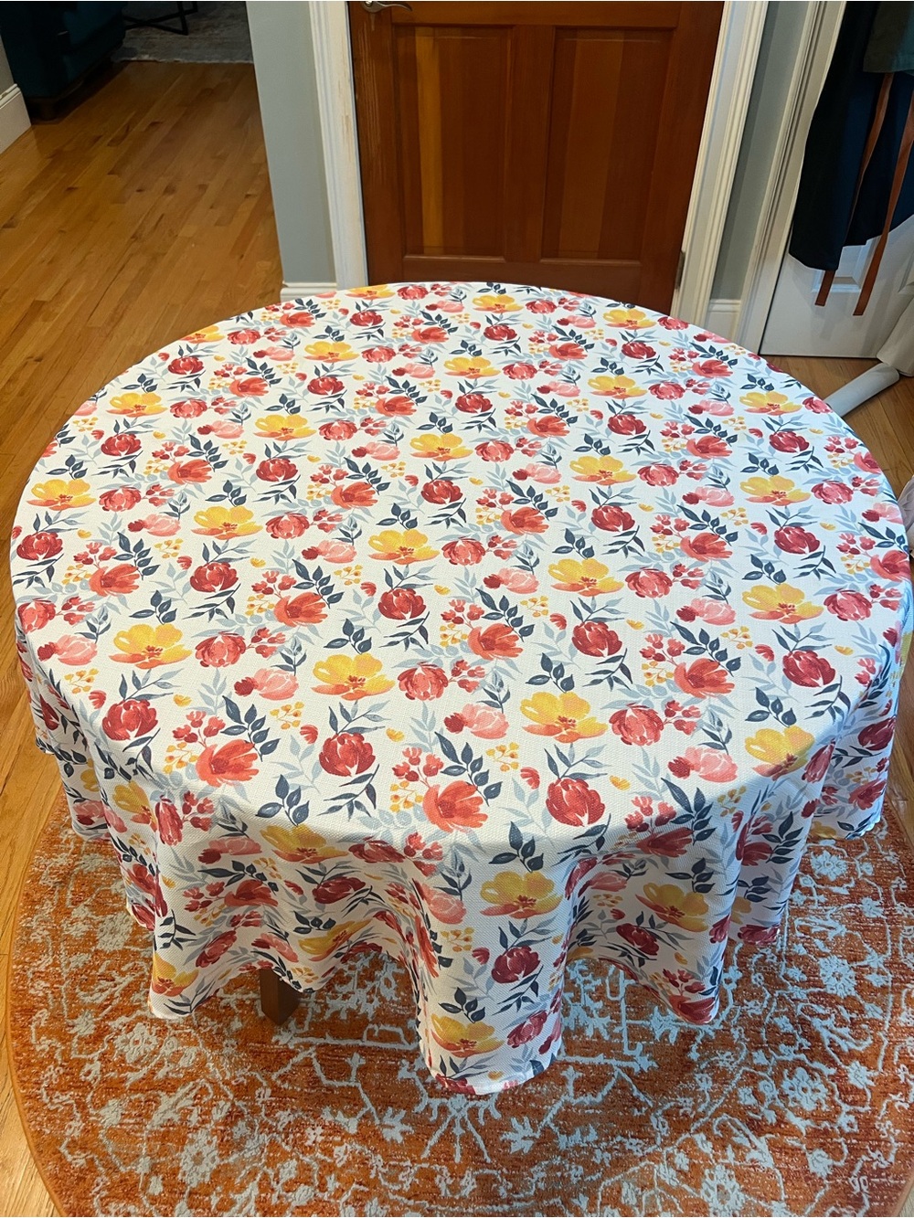 Floral Round Tablecloth - Yellow & Coral Flowers on White